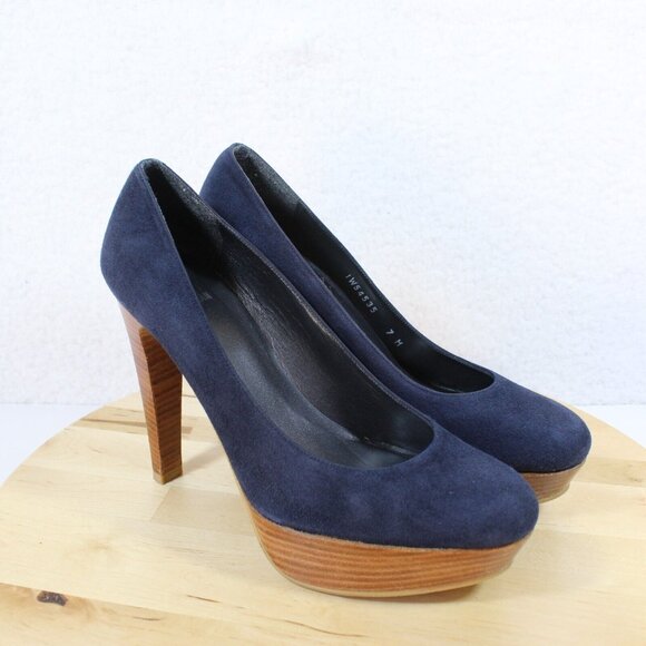 Stuart Weitzman Suede Platform Heels Womens 7 Navy Round Toe Classic Pump Y2K - Picture 1 of 11